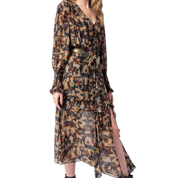 IRO Paris Dress Women's XS Khaki Black Jorma Midi Boho Vintage Long Sleeve - Picture 4 of 6